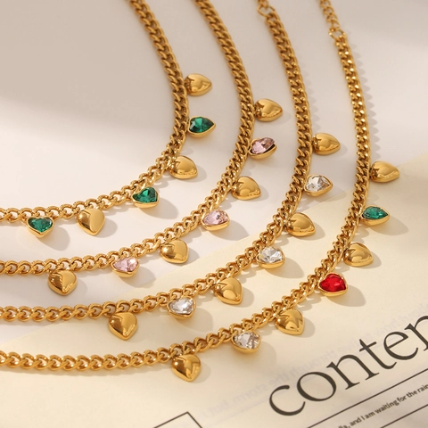 Juego de Joyas de Moda Personalizadas de Acero Inoxidable Chapado en Oro Con Pulsera y Collar de Borlas de Zirconia de Corazón