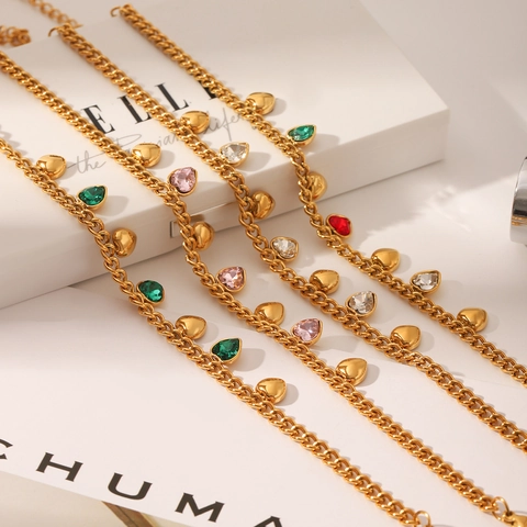 Juego de Joyas de Moda Personalizadas de Acero Inoxidable Chapado en Oro Con Pulsera y Collar de Borlas de Zirconia de Corazón