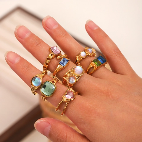 Anello Aperto Regolabile in Acciaio Inossidabile Placcato Oro Vintage per Donna Gioielli da Dito Retrò Geometrici con Zirconi Colorati Pietra di Luna