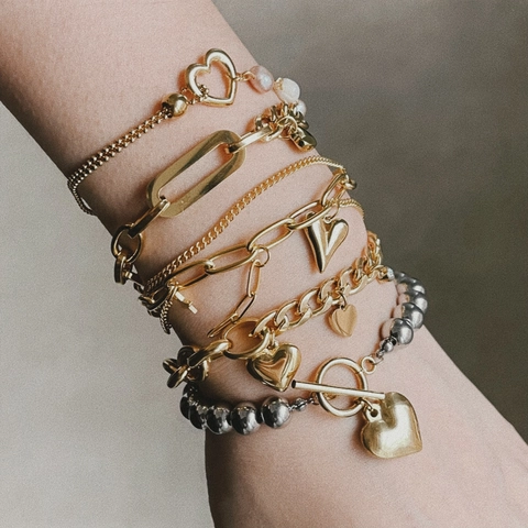 Stainless Steel Heart Charm Bracelet For Women Gold Silver Plated T-Bar Clasp Faux Pearl Chain Trendy Fashion Jewelry Gift
