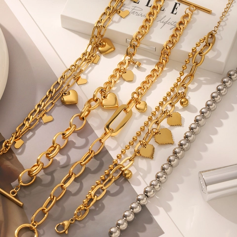 Stainless Steel Heart Charm Bracelet For Women Gold Silver Plated T-Bar Clasp Faux Pearl Chain Trendy Fashion Jewelry Gift