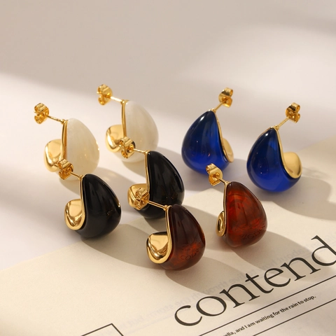 Vintage Orecchini a Cerchio in Acciaio Inossidabile Resina a Goccia d'Acqua da Donna Oro Geometrico Gioielli Estetici Retro