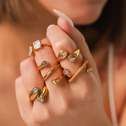 Anello Aperto in Acciaio Inossidabile per Donna Minimalista Irregolare Geometrico Intarsiato con Zirconia Regolabile Oro Argento Colore Anelli Gioielli di Moda Regalo