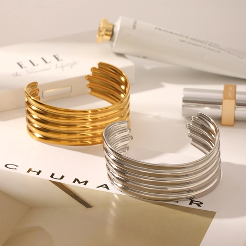 Minimalist Stainless Steel Wide Cuff Bangle For Women Luxury Layered Wave Open Bracelet Gold Silver Plated Fashion Jewelry