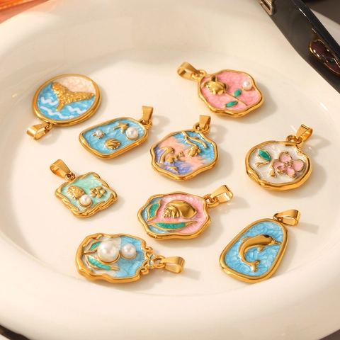 Ciondolo in Acciaio Inossidabile Smalto Stile Oceano Vintage Per Donna Placcato Oro Conchiglia Perla Artificial Floreale Coda di Pesce DIY Gioielli Ciondolo