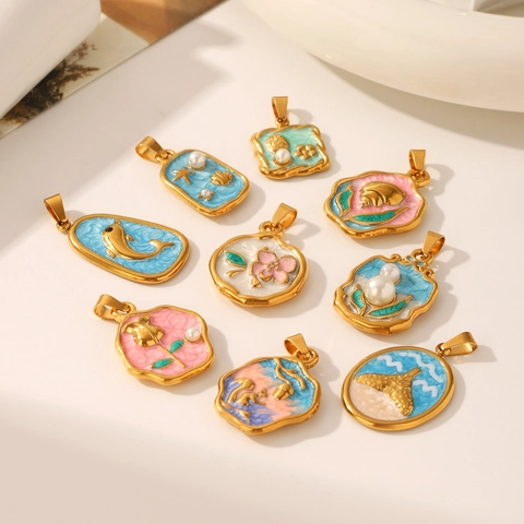 Ciondolo in Acciaio Inossidabile Smalto Stile Oceano Vintage Per Donna Placcato Oro Conchiglia Perla Artificial Floreale Coda di Pesce DIY Gioielli Ciondolo