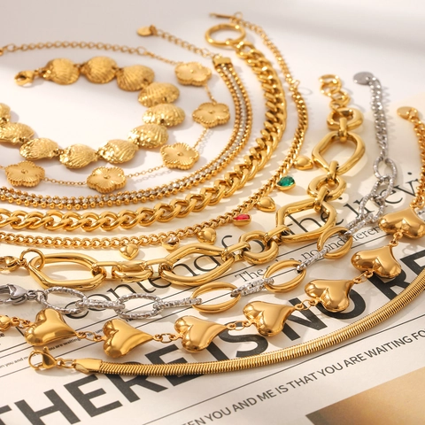 Bracciale a Catena in Acciaio Inossidabile Placcato Oro 18K Con Cuore e Fiore Per Donna Gioielli Di Lusso Con Zirconia Impermeabile