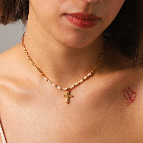 Collana con Pendente a Croce in Acciaio Inossidabile Vintage per Donna Placcata in Oro con Künstliche Perle Sintetiche e Zirconia Gioielli di Moda