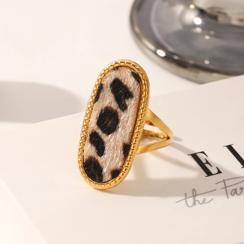 Anello Aperto in Acciaio Inossidabile Placcato Oro 18K Vintage Donna Regolabile Stampa Leopardata Anello Tondo Ovale Gioielli