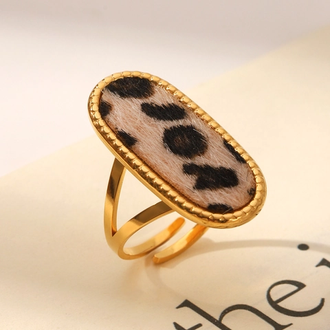Anello Aperto in Acciaio Inossidabile Placcato Oro 18K Vintage Donna Regolabile Stampa Leopardata Anello Tondo Ovale Gioielli