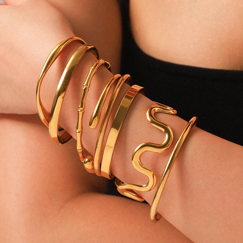 Stainless Steel Bangle For Women Waterproof Gold Silver Plated Bamboo Wave Geometric Cuff Bracelet Elegant Fashion Jewelry