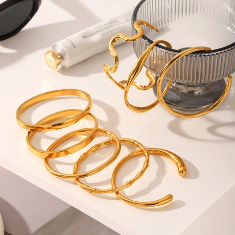 Stainless Steel Bangle For Women Waterproof Gold Silver Plated Bamboo Wave Geometric Cuff Bracelet Elegant Fashion Jewelry