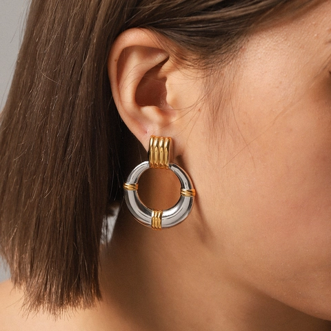 Orecchini a Cerchio a Costine in Acciaio Inossidabile Vintage da Donna Placcati Sottovuoto Oro 18K Argento Cerchio Geometrico Gioielli