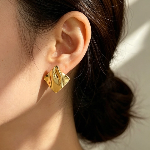 18K Gold Plated Stainless Steel Earrings Hammered Geometric Semi Circular Square Shape Exaggerated Vintage Dainty Ear Studs