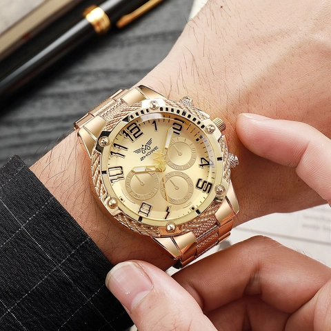 Men Quartz Watch Chronograph Luxury Gold Stainless Steel Strap Blue Light Glass Dial Fashion Casual Business Wristwatch