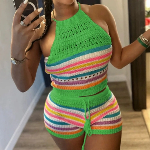 Top Halter E Pantaloncini In Maglia Crochet A Righe Boho Estate Spiaggia Vacanze Schiena Scoperta Senza Maniche Slim Fit Donna