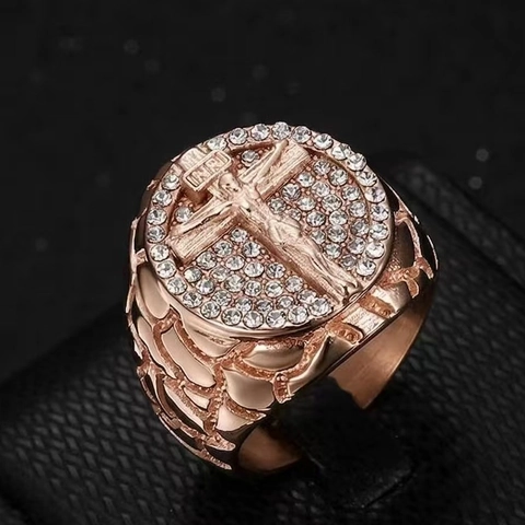 Heren Ring Titanium Staal Jezus Kruisbeeld INRI Ingelegde Rhinestone Hip Hop Verguld Religieuze Zegelring Band Accessoire