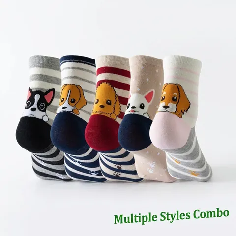 Cute Cartoon Animal Socks Cotton Blend Breathable Novelty Cat Dog Pattern Striped Casual Crew Socks For Women