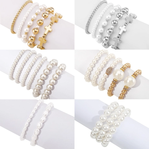 Elegant Wide Multi Layer Simulated Artificial Pearl Bracelet Beaded Elastic Cuff Jewelry For Women Vintage Style Accessory