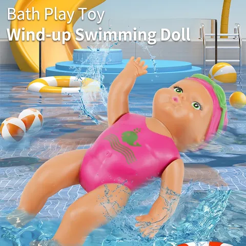 Wind Up Swimming Baby Doll Plastic Waterproof Floating Bath Toy For Bathtub Pool Kids Toddlers Mechanical Shower Fun Gift