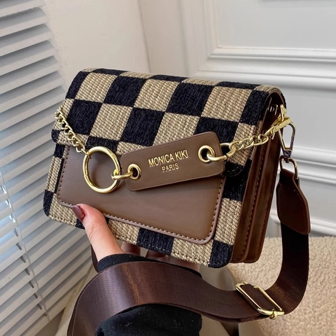 Bolso Bandolera de Cuadros para Mujer Vintage de Cuero PU Empalme Bolso Cuadrado Pequeño Con Cadena de Metal Correa Ancha Estilo Minimalista Urbano