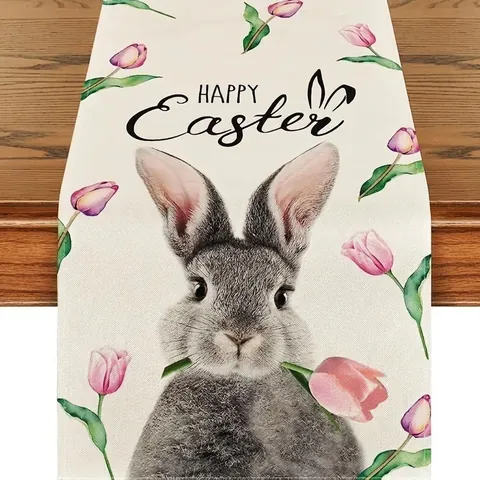 Chemin De Table Pâques Polyester Lin Lapin Carotte Rayé Aquarelle Printemps Vacances Salle À Manger Décoration Maison