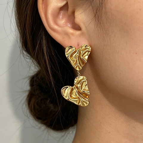Pendientes de Botón de Corazón Plisados Irregulares Estilo Francés para Mujer Acero Inoxidable Chapado en Oro 18K Joyas