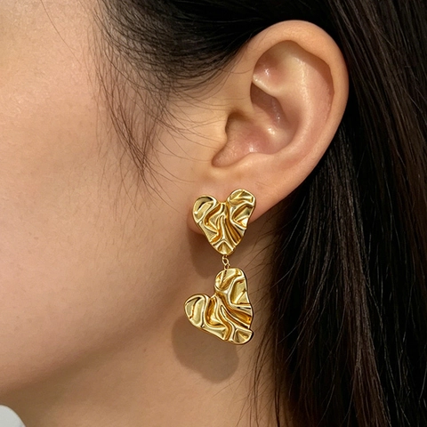 Pendientes de Botón de Corazón Plisados Irregulares Estilo Francés para Mujer Acero Inoxidable Chapado en Oro 18K Joyas
