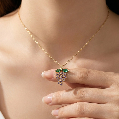 Collana Con Ciondolo A Forma Di Uva In Rame Placcato Oro Con Zircone Colorato Viola Verde Gioielli Frutta Da Donna