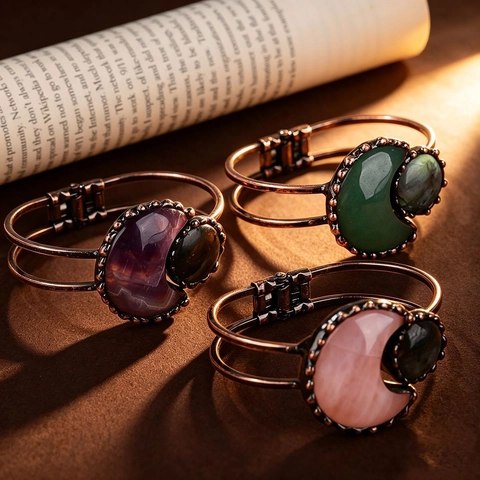 Vintage Moon Shape Crystal Bracelet Bronze Alloy Labradorite Inlaid Handmade Bangle Jewelry For Women Party Gift