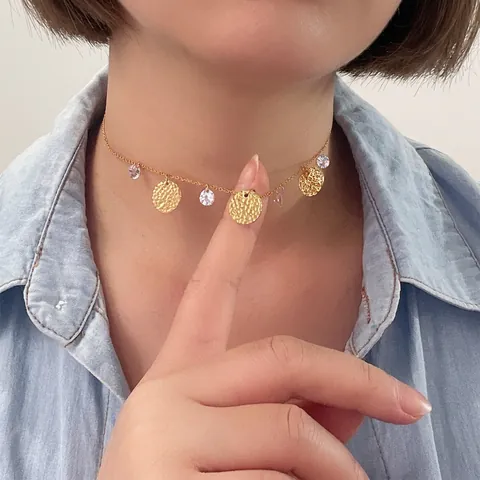 Collana Alla Moda In Acciaio Inossidabile 316 Con Ciondoli A Disco Martellato Placcato Oro E Zircone AAA Per Donna Gioielli Minimalisti