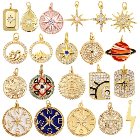 Vergoldete Messing Himmlische Charms Mond Sterne Kompass Sonne Anhänger Mit Zirkonia Emaille Für DIY Schmuckherstellung Damen