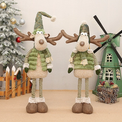 Christmas Reindeer Doll Plush Ornament Retractable Legs Standing Elk Toy Figurines Holiday Home Decor Green