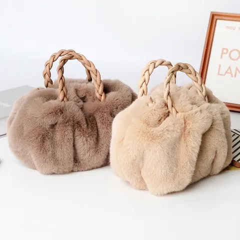 Faux Fur Handbag Pleated Cloud Pouch Plush Braided Handle Crossbody Purse For Women Winter Autumn Fashion