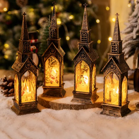 Vintage Christmas LED Church Lantern Bronze Night Light Santa Snowman Elk Angel Ornament Tabletop Decoration Holiday Gift