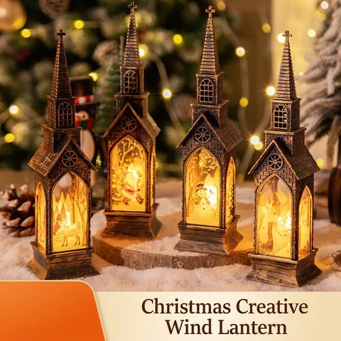 Vintage Christmas LED Church Lantern Bronze Night Light Santa Snowman Elk Angel Ornament Tabletop Decoration Holiday Gift