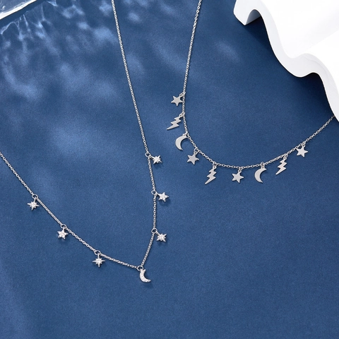 Elegante Collana Con Pendente Stella Luna Fulmine in Argento Sterling S925 Donna Catena Clavicola Intarsiata Con Strass