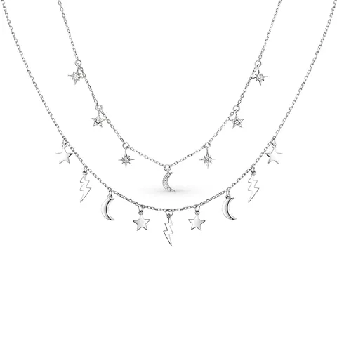 Elegante Collana Con Pendente Stella Luna Fulmine in Argento Sterling S925 Donna Catena Clavicola Intarsiata Con Strass
