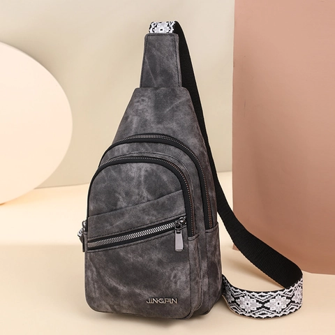 Women Fashion PU Leather Chest Bag With Bohemian Geometric Pattern Wide Strap Multi Zipper Sling Crossbody Bag For Travel Daily Casual