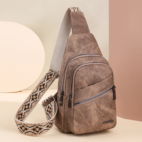 Women Fashion PU Leather Chest Bag With Bohemian Geometric Pattern Wide Strap Multi Zipper Sling Crossbody Bag For Travel Daily Casual
