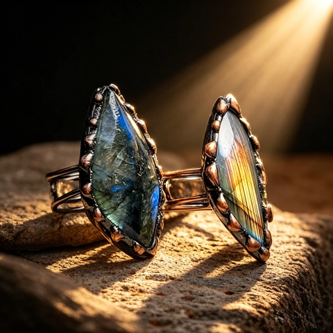 Ring Mit Natürlichem Labradorit Geometrisch Vintage Antik Bronze Kupfer Breit Verstellbarer Boho Schmuck Für Damen