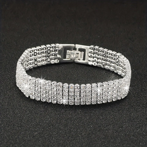 Luxe Strass Tennis Armband Voor Vrouwen Verzilverde Legering Meerdere Rijen Sprankelende Kristallen Schakelketting Armband Bruiloft Sieraden