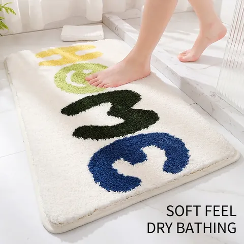 Absorbent Bathroom Mat Non-Slip Flocked Plush Microfiber Bath Rug Machine Washable For Shower Room Floor Decor