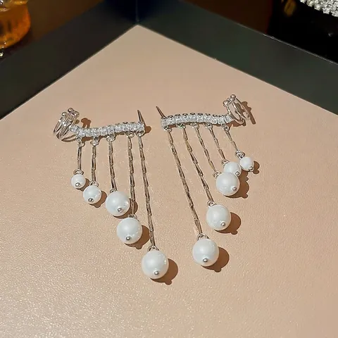 Orecchini Pendenti Lunghi Con Nappa Gioielli In Rame Con Strass Perla Artificial Sintetica E Perno In Argento 925 Elegante