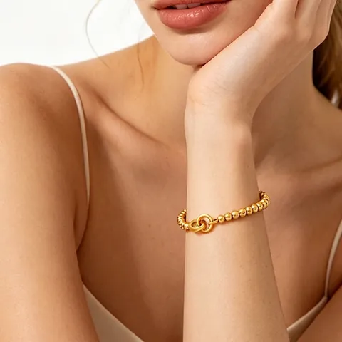 Pulsera Collar De Cuentas De Acero Inoxidable Bañado En Oro Hebilla OT Redonda Grande Joyería Minimalista Mujer