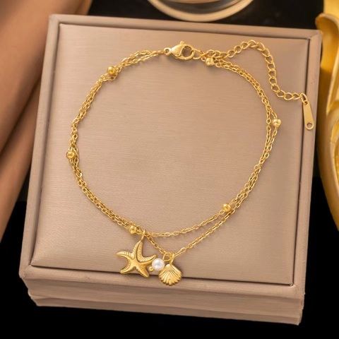 Titanium Steel Double Layer Starfish Shell Pendant Necklace Anklet Gold Steel Artificial Pearl Beach Jewelry For Women