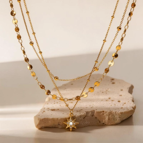 Stainless Steel Layered Necklace Star Pendant Rhinestone Gold Plated Bead Disc Chain For Women Chic
