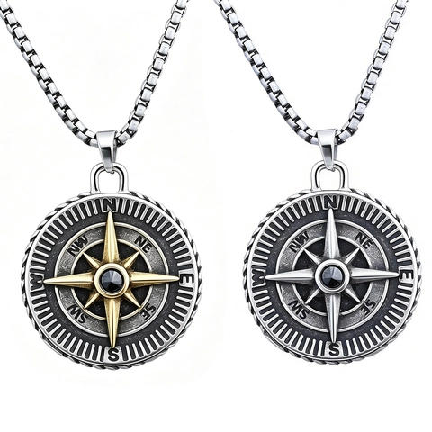 Collier Pendentif Boussole Vintage En Acier Inoxydable Bijoux Style Punk Viking Hip Hop Pour Hommes Avec Pierre Noire