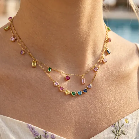 Edelstahl Farbige Strass Herz Anhänger Halskette Für Damen 18K Vergoldet Nischen Luxus Urlaub Choker Schmuck