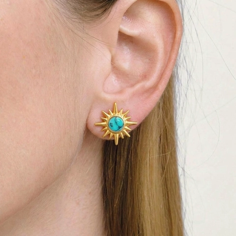 Vintage Sunburst Stud Earrings 304 Stainless Steel Gold Plated With Malachite Stone Hypoallergenic Retro Jewelry For Women